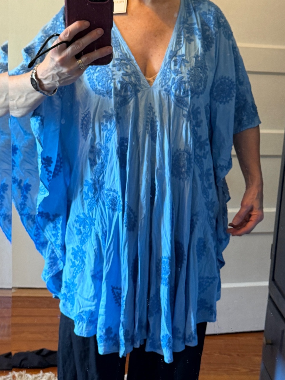 Embroidered Sky Blue V-Neck Women's Swim Coverup